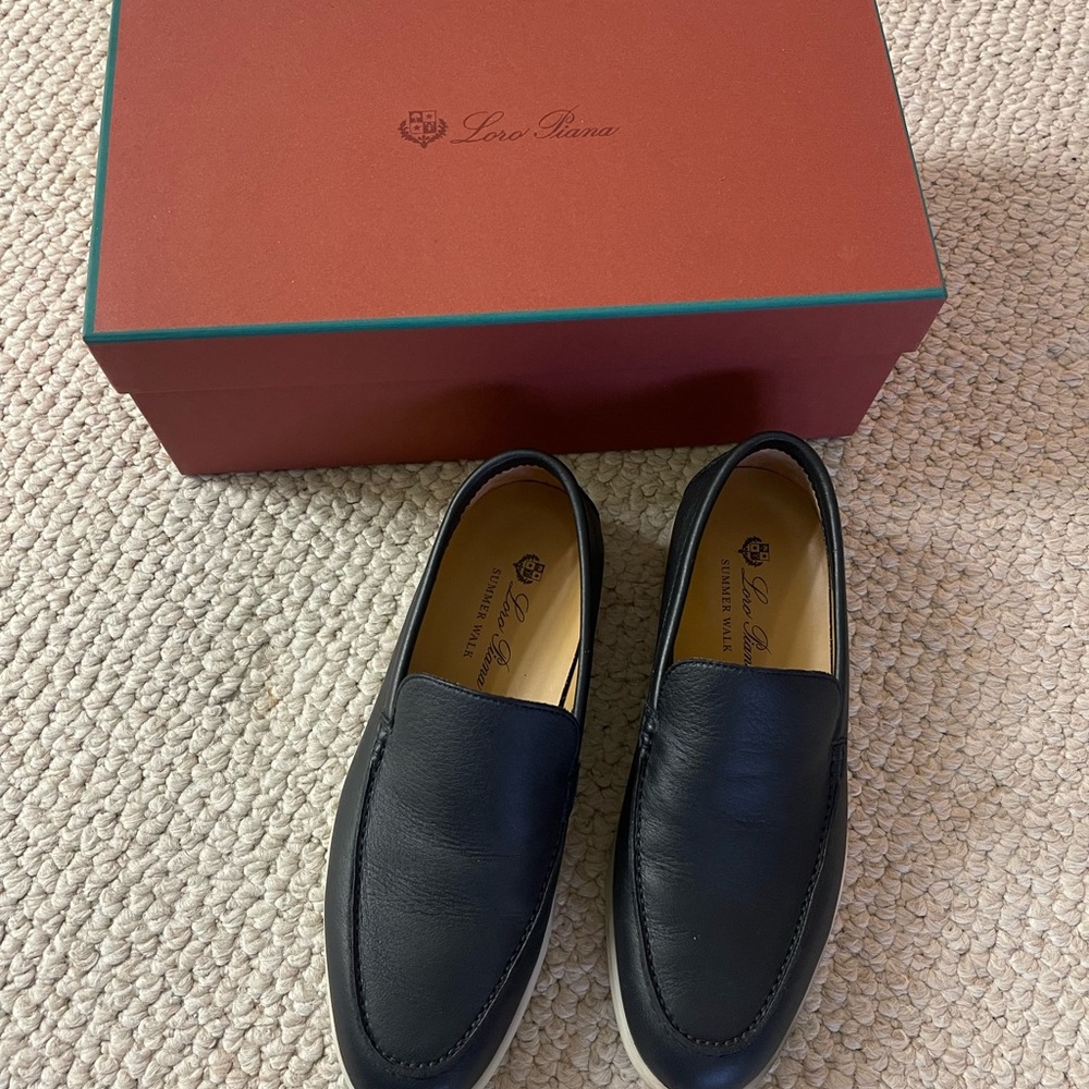 Loro Piana Men Summer Walk Leather Loafers in Dark Navy Blue.